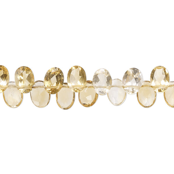 Bead, citrine (dyed / heated), 7x5mm hand-cut top-drilled faceted puffed oval with flat side, B+ grade, Mohs hardness 7. Sold per 14-inch strand, approximately 105 beads. image number 0