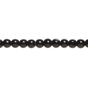 Bead, glass, opaque black, 4mm round. Sold per 8-inch strand, approximately 45 beads.