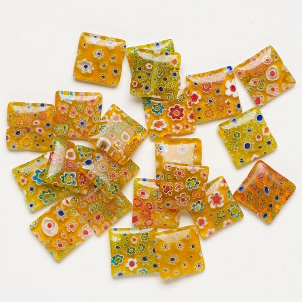 Millefiori glass 1pkg2oz, puffed square bead translucent multicolored 17-18mm image number 1