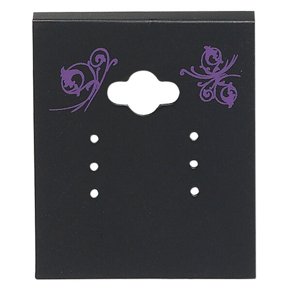 Earring card, PVC plastic, opaque black and purple, 2x1-1/2 inch square with butterfly design. Sold per pkg of 100. image number 0