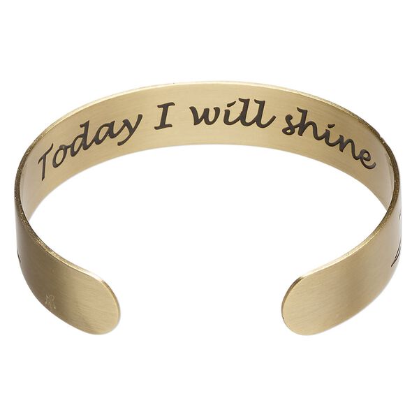 Bracelet cuff 1pkg1 antique gold-finished brass, black, 12mm wide with sunshine design on outside / "Today I will shine" on inside. image number 1