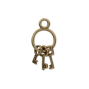 Charm, antique brass-plated "pewter" (zinc-based alloy), 21x12mm double-sided key ring with (3) keys. Sold per pkg of 10.