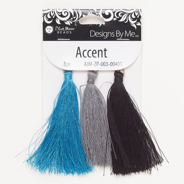 Component, rose gold-finished steel and nylon, blue / black / grey, 2-1/2-3-inch tassel. Sold per pkg of 3. image number 0