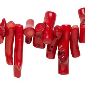 Bead, coral (dyed), red, 25x9mm-40x10mm hand-cut top-drilled stick, Mohs hardness 3-1/2 to 4. Sold per 8-inch strand, approximately 20 beads.