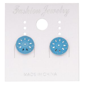 Earstud, stainless steel, blue patina, 10mm round with flower mandala design. Sold per pair.