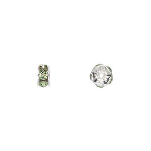 Bead 4pk peridot silver plate foil back, Crystal Passions® 6x3.5mm rondelle 77506
