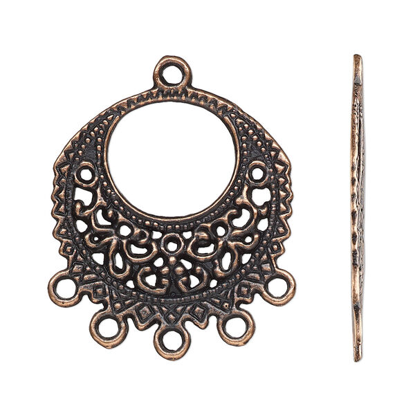 Drop, antique copper-finished "pewter" (zinc-based alloy), 26mm single-sided go-go with fancy design and 5 closed loops. Sold per pkg of 10. image number 0