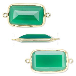 Link, green onyx (dyed) and gold-finished sterling silver, 22x13mm two-sided faceted rectangle. Sold per pkg of 2.