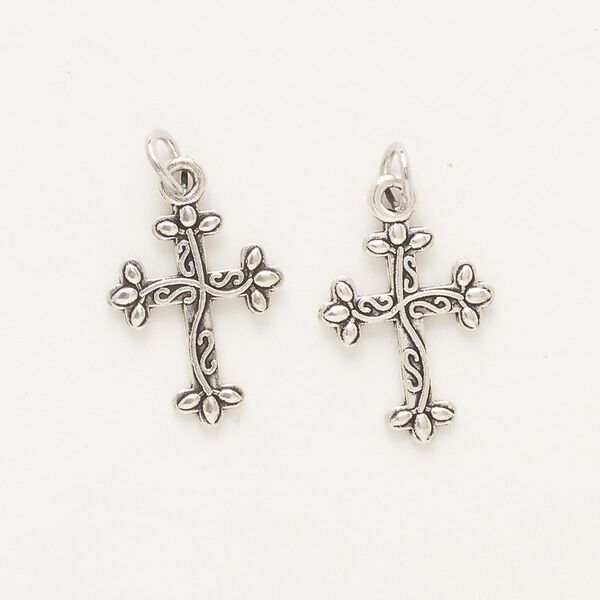 Drop, "pewter" (zinc-based alloy) and steel, pkg/2, antique silver finish, 17x13mm double-sided fancy cross. image number 0