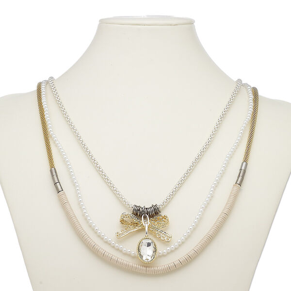 Necklace, 3-strand, glass / glass pearl / waxed cotton cord / gold-finished steel / gunmetal- / imitation rhodium-plated steel / "pewter" (zinc-based alloy), white and clear, 43x22mm bow and 21x16mm oval, 35-1/2 inches with 2-inch extender chain and lobster claw clasp. Sold individually. image number 0