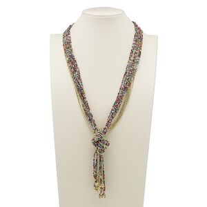 Necklace, 11-strand, glass and gold-finished steel, multicolored, 30 inches with knot. Sold individually.