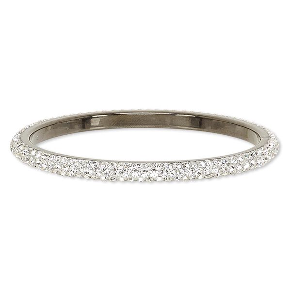 Bracelet, bangle, epoxy / Preciosa glass rhinestone / gunmetal-plated brass, black and clear, 6mm wide, 8 inches. Sold individually. image number 0