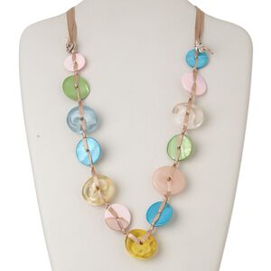 Necklace, freshwater pearl shell (dyed) / resin / ribbon, multicolored, 25mm flat round and 31x27mm flat oval, 25-inch continuous loop. Sold individually.