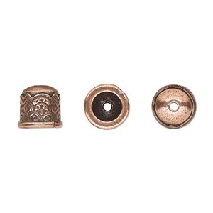 Cord end, TierraCast®, antique copper-plated pewter (tin-based alloy), 9mm with temple design, 5.7mm inside diameter. Sold per pkg of 20.