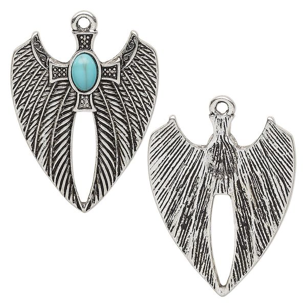 Drop, "turquoise" (resin) (imitation) and antique silver-finished "pewter" (zinc-based alloy), turquoise blue, 29x23mm single-sided wings with cross. Sold individually. image number 0