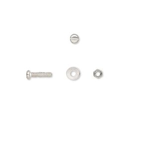Micro hardware, silver-plated brass, 2.5x1.5mm nut / 4x0.5mm washer / 1/4 inch screw with 1.6mm thread diameter. Sold per pkg of 30.