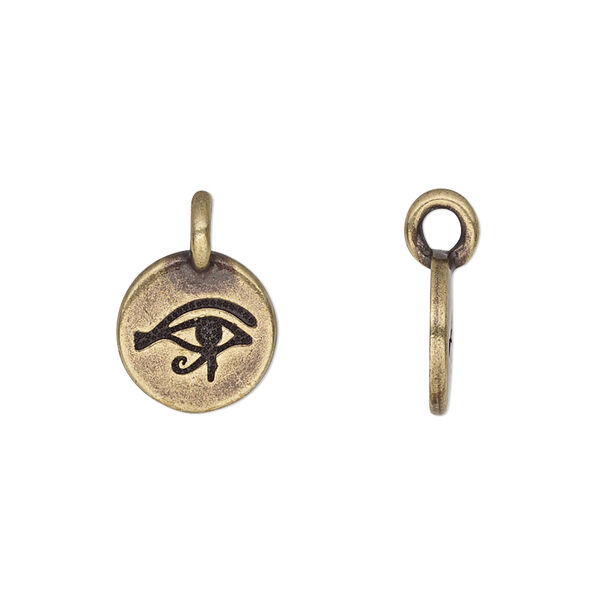 Charm, TierraCast®, antique brass-plated pewter (tin-based alloy), 12mm single-sided round with Eye of Horus. Sold per pkg of 2. image number 0