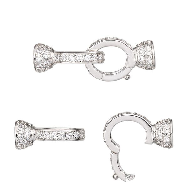 Clasp, double latch fold-over, cubic zirconia and rhodium-plated brass, clear, 28x10mm with glue-in ends, 4mm inside diameter. Sold individually. image number 0