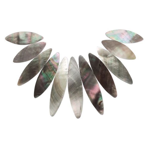 Bead, black lip shell and resin (assembled), 32x12mm-51x15mm graduated fan, Mohs hardness 3-1/2. Sold per 11-piece set. image number 0