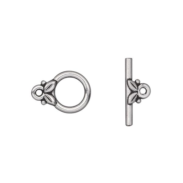 Clasp, TierraCast®, toggle, antique silver-plated pewter (tin-based alloy), 11.5mm round with leaves. Sold individually. image number 0