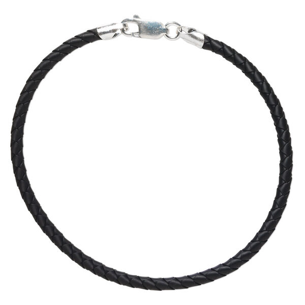 Bracelet cord, rubber and sterling silver, black, 3mm braided, 7 inches with lobster claw clasp. Sold individually. image number 0