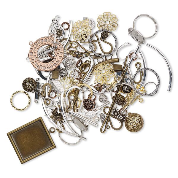 Bead and finding mix, mix-finished brass / copper / steel, 1-35mm mixed shape. Sold per 50-gram pkg, approximately 150 pieces. image number 0