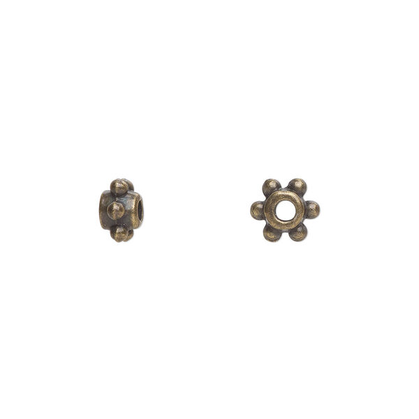 Bead, antique brass-plated "pewter" (zinc-based alloy), 5x4mm beaded round. Sold per pkg of 100. image number 0