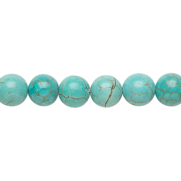 Bead, magnesite (dyed / stabilized), turquoise blue-green, 8mm round, B grade, Mohs hardness 3-1/2 to 4. Sold per 15-1/2 to 16-inch strand. image number 0