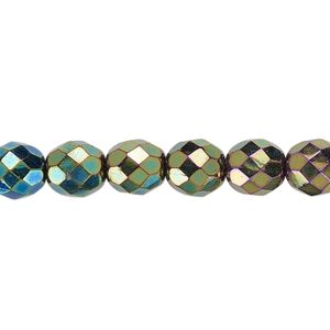 Bead, Czech fire-polished glass, iris green, 8mm faceted round. Sold per pkg of 600 (1/2 mass).
