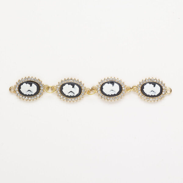 Link, gold-finished brass and steel / glass / acrylic, black / white / clear, 21x7mm faceted oval with cameo with lady. Sold per pkg of 4. image number 0