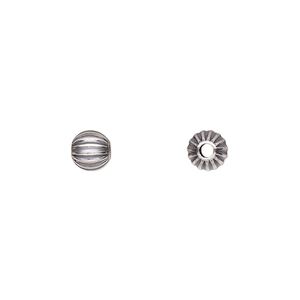 Bead, antiqued sterling silver, 6mm seamless corrugated round. Sold per pkg of 10.