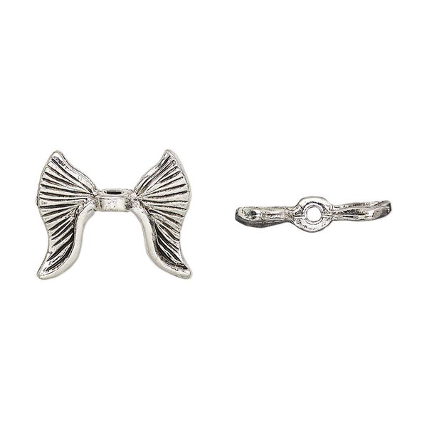 Bead, pewter (tin-based alloy), pkg/1, antique silver plate, 16x14mm textured wing, fits 5.5mm bead. image number 0