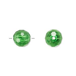 Bead, acrylic, green, 10mm faceted round. Sold per 100-gram pkg, approximately 170 beads.
