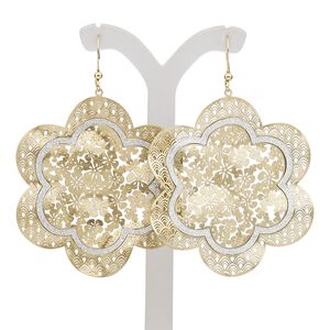 Earring, gold-finished brass, silver with glitter, 2-3/4 inches with flower and scallop and flower cutout with fishhook ear wire. Sold per pair.