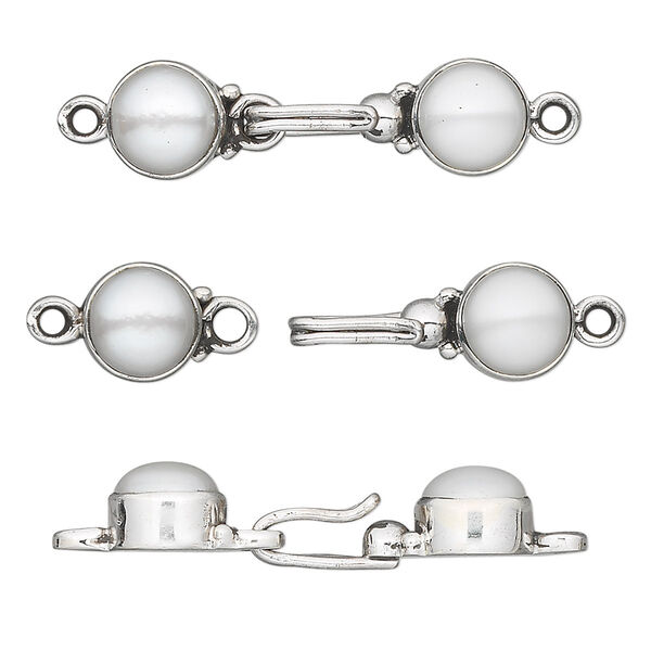 Clasp, hook, cultured freshwater pearl (bleached) and antiqued sterling silver, white, 25x8mm. Sold individually. image number 0