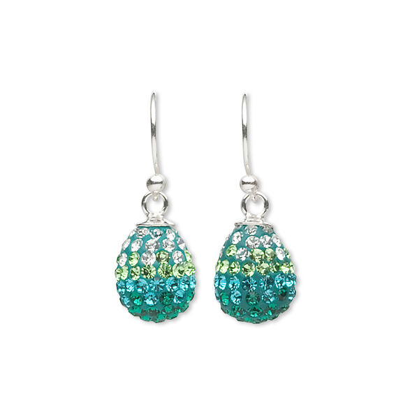 Earring, crystal and sterling silver, green / clear / teal, 22x8mm with 10x8mm teardrop and fishhook earwires. Sold per pair. image number 0