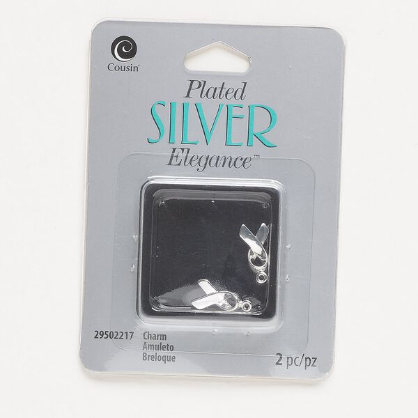 Charm, silver-plated copper, 13.5mmx8mm 3D ribbon. Sold per pkg of 2. image number 0