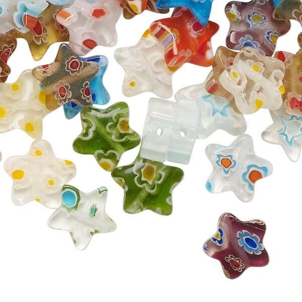 Bead mix, millefiori glass, translucent and transparent multicolored, 9-11mm star. Sold per 2oz pkg, approximately 140 beads. image number 0