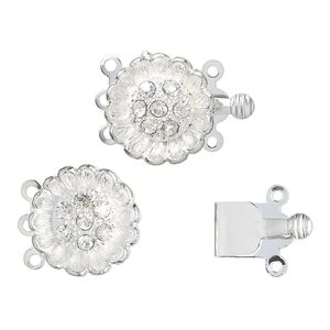 Clasp, 3-strand tab, silver-finished "pewter" (zinc-based alloy) and glass, clear, 15mm daisy. Sold per pkg of 2.