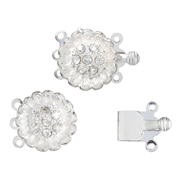 Clasp, 3-strand tab, silver-finished "pewter" (zinc-based alloy) and glass, clear, 15mm daisy. Sold per pkg of 2. image number 0
