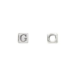 Bead, sterling silver, 5.5mm cube with alphabet letter "G." Sold individually.