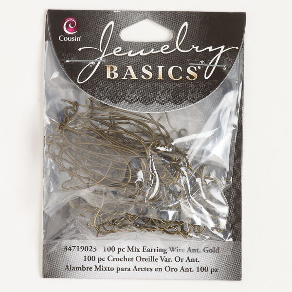 Ear wire assortment, steel, pkg/50 pairs, 16mm fishhook with open loop and 33mm kidney with open loop, 21 and 22 gauge, antique gold finish. image number 0