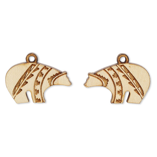 Drop, wood (natural), 23x14mm single-sided left- and right-facing Zuni-style bear. Sold per pkg of 2. image number 0