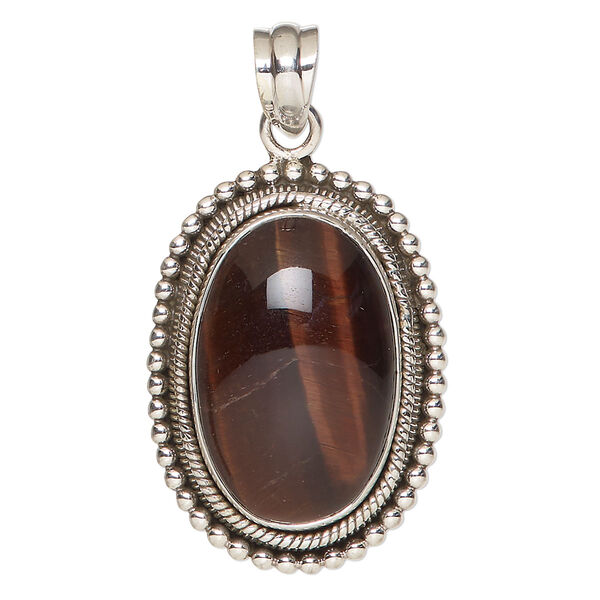 Pendant, red tigereye (heated) and antiqued sterling silver, 35x25mm beaded oval. Sold individually. image number 0