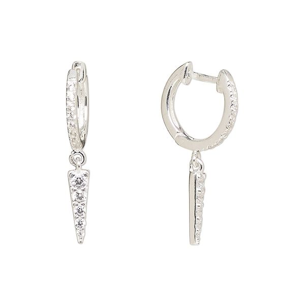 Earring, Create Compliments®, sterling silver and cubic zirconia, clear, 26mm hoop with endless-loop closure and triangle dangle. Sold per pair. image number 0