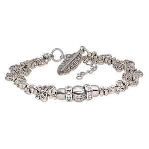 Bracelet, glass rhinestone / antique silver-coated acrylic / antique silver-plated steel / pewter (tin-based alloy), clear, 11mm wide with butterfly and flower design with feather dangle, 6-1/2 inches with 1-1/2 inch extender chain and lobster claw clasp. Sold individually.