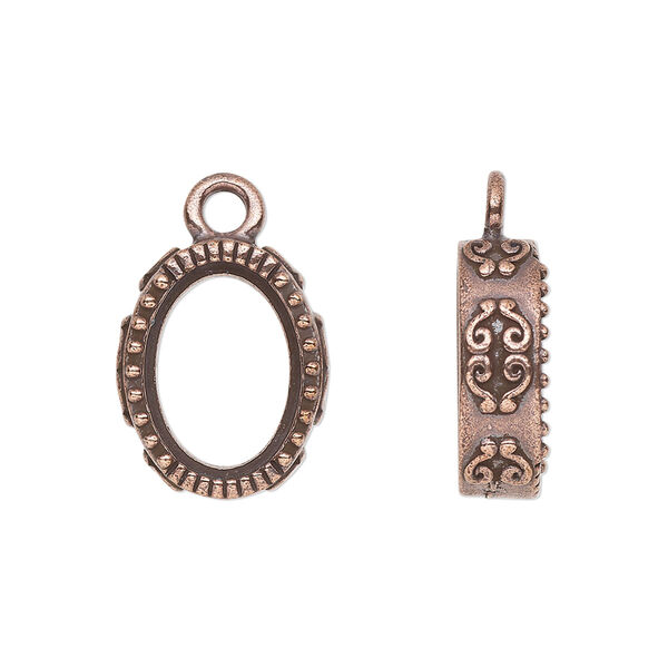 Drop, TierraCast®, "Celestial" collection, antique copper-plated pewter (tin-based alloy), 16.5x14mm oval with scroll design. Sold individually. image number 0