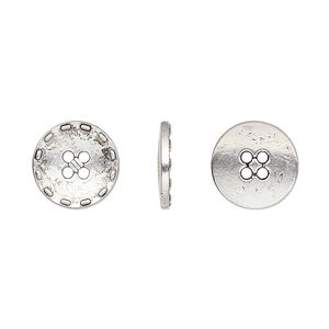 Button, antiqued silver-finished "pewter" (zinc-based alloy), 12mm single-sided flat round with stitched edge. Sold per pkg of 50.