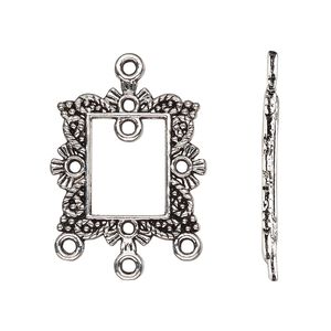 Drop, antique silver-finished "pewter" (zinc-based alloy), 23x21mm single-sided open rectangle frame with fancy beaded design and 4 closed loops. Sold per pkg of 10.