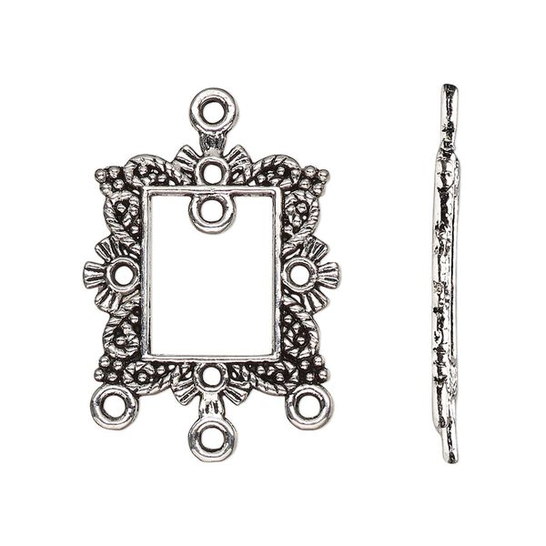 Drop, antique silver-finished "pewter" (zinc-based alloy), 23x21mm single-sided open rectangle frame with fancy beaded design and 4 closed loops. Sold per pkg of 10. image number 0